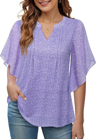 VALOLIA Womens Blouses Dressy Casual V Neck Chiffon Ruffle Short Sleeve Shirts Double Layers Tops in Saudi Arabia