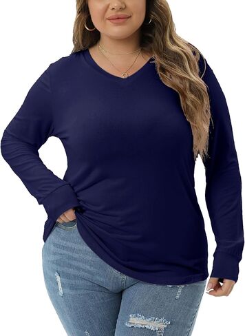 JNC Plus Size Tops For Women Long Sleeves V Neck T-Shirts Loose Fit Casual Basic Tunic Top in Saudi Arabia