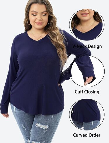 JNC Plus Size Tops For Women Long Sleeves V Neck T-Shirts Loose Fit Casual Basic Tunic Top in Saudi Arabia
