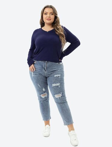 JNC Plus Size Tops For Women Long Sleeves V Neck T-Shirts Loose Fit Casual Basic Tunic Top in Saudi Arabia