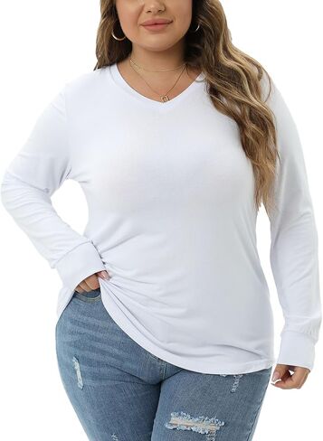 JNC Plus Size Tops For Women Long Sleeves V Neck T-Shirts Loose Fit Casual Basic Tunic Top in Saudi Arabia