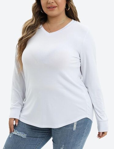 JNC Plus Size Tops For Women Long Sleeves V Neck T-Shirts Loose Fit Casual Basic Tunic Top in Saudi Arabia