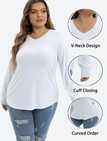JNC Plus Size Tops For Women Long Sleeves V Neck T-Shirts Loose Fit Casual Basic Tunic Top in Saudi Arabia