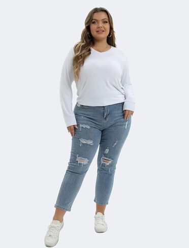 JNC Plus Size Tops For Women Long Sleeves V Neck T-Shirts Loose Fit Casual Basic Tunic Top in Saudi Arabia