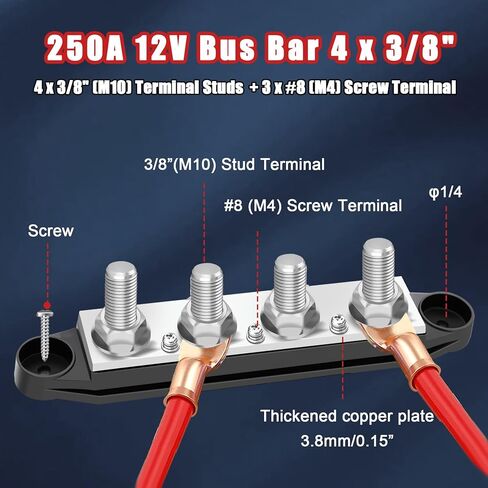 350A Bus Bar 12V لوحة توزيع الطاقة البحرية 6 × 3/8 بوصة (M10)، لوحة توزيع الطاقة المغطاة بالطرف 4 قضبان حافلة، أنابيب قابلة للانكماش بالحرارة، 4 علامات تبويب للبطارية أقطاب كهربائية سلبية وإيجابية in Saudi Arabia