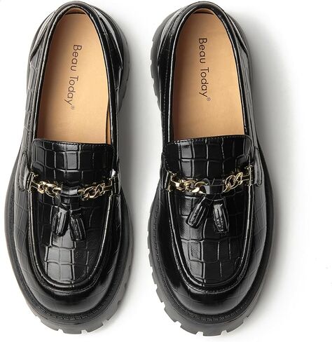 BEAU TODAY أحذية بدون كعب مكتنزة للنساء، أحذية بدون كعب منصة للنساء، كعب مكتنز ونعل سهل الارتداء بسلسلة معدنية، أحذية مكتب عمل مريحة عند الأصابع in Kuwait