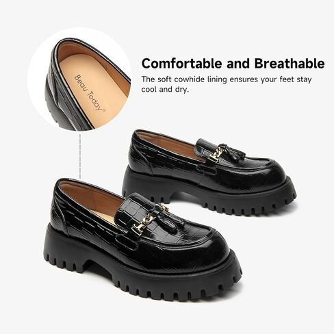 BEAU TODAY أحذية بدون كعب مكتنزة للنساء، أحذية بدون كعب منصة للنساء، كعب مكتنز ونعل سهل الارتداء بسلسلة معدنية، أحذية مكتب عمل مريحة عند الأصابع in Kuwait