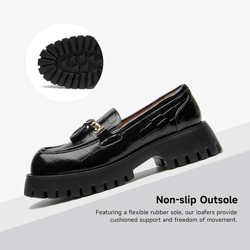 BEAU TODAY أحذية بدون كعب مكتنزة للنساء، أحذية بدون كعب منصة للنساء، كعب مكتنز ونعل سهل الارتداء بسلسلة معدنية، أحذية مكتب عمل مريحة عند الأصابع in Kuwait