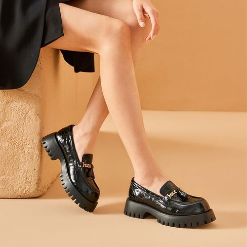 BEAU TODAY أحذية بدون كعب مكتنزة للنساء، أحذية بدون كعب منصة للنساء، كعب مكتنز ونعل سهل الارتداء بسلسلة معدنية، أحذية مكتب عمل مريحة عند الأصابع in Kuwait