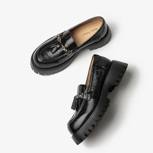 BEAU TODAY أحذية بدون كعب مكتنزة للنساء، أحذية بدون كعب منصة للنساء، كعب مكتنز ونعل سهل الارتداء بسلسلة معدنية، أحذية مكتب عمل مريحة عند الأصابع in Kuwait