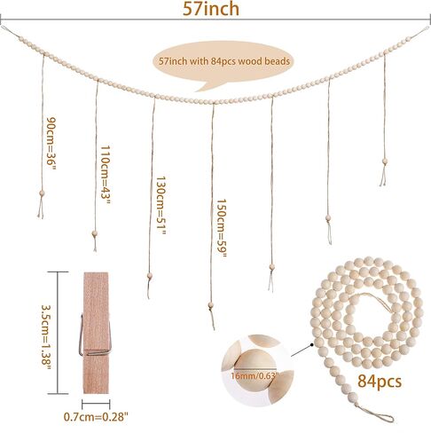 Wall Hanging Photo Display with Wood Beads Garland, Collage Picture Frame for Wall Decoration, Picture Holders with 30 Wood Clips, for Rustic Country Decor, Home, Office, Nursery Room in Saudi Arabia