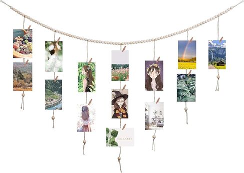 Wall Hanging Photo Display with Wood Beads Garland, Collage Picture Frame for Wall Decoration, Picture Holders with 30 Wood Clips, for Rustic Country Decor, Home, Office, Nursery Room in Saudi Arabia