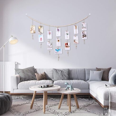 Wall Hanging Photo Display with Wood Beads Garland, Collage Picture Frame for Wall Decoration, Picture Holders with 30 Wood Clips, for Rustic Country Decor, Home, Office, Nursery Room in Saudi Arabia