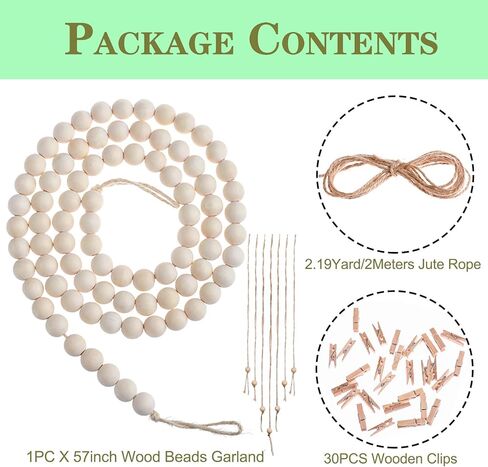 Wall Hanging Photo Display with Wood Beads Garland, Collage Picture Frame for Wall Decoration, Picture Holders with 30 Wood Clips, for Rustic Country Decor, Home, Office, Nursery Room in Saudi Arabia