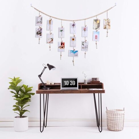 Wall Hanging Photo Display with Wood Beads Garland, Collage Picture Frame for Wall Decoration, Picture Holders with 30 Wood Clips, for Rustic Country Decor, Home, Office, Nursery Room in Saudi Arabia