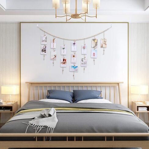 Wall Hanging Photo Display with Wood Beads Garland, Collage Picture Frame for Wall Decoration, Picture Holders with 30 Wood Clips, for Rustic Country Decor, Home, Office, Nursery Room in Saudi Arabia
