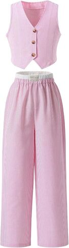 SweatyRocks Girl's Striped Button Down Vest Top and Wide Leg Pants 2 Piece Outfits in Saudi Arabia