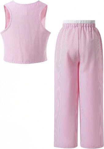SweatyRocks Girl's Striped Button Down Vest Top and Wide Leg Pants 2 Piece Outfits in Saudi Arabia