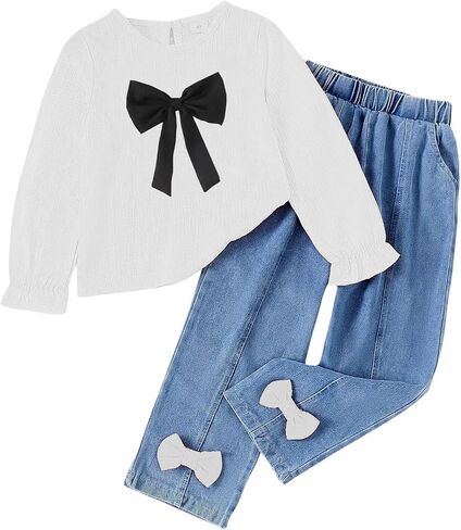 Kid Toddler Girls Clothes Fall Outfits Cute Sweet Bowknot Long Sleeve Bowknot Shirt + Denim Jeans Pants Set in Saudi Arabia