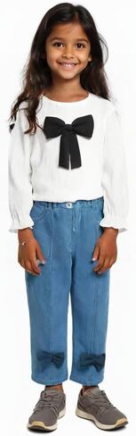 Kid Toddler Girls Clothes Fall Outfits Cute Sweet Bowknot Long Sleeve Bowknot Shirt + Denim Jeans Pants Set in Saudi Arabia