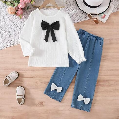 Kid Toddler Girls Clothes Fall Outfits Cute Sweet Bowknot Long Sleeve Bowknot Shirt + Denim Jeans Pants Set in Saudi Arabia