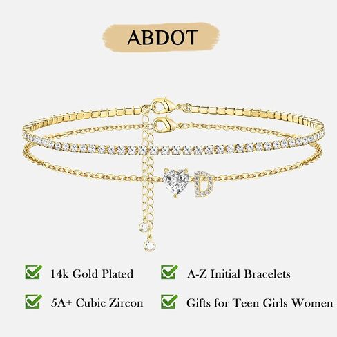 Gold Bracelets for Women Trendy Dainty 14K Gold Plated Layered Initial Tennis Bracelets for Women Non Tarnish A-Z Heart Letter Charm Gifts for Mom Best Friend in Saudi Arabia