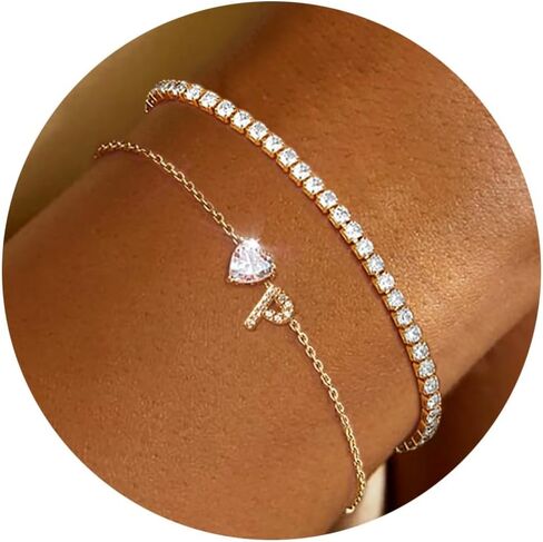 Gold Bracelets for Women Trendy Dainty 14K Gold Plated Layered Initial Tennis Bracelets for Women Non Tarnish A-Z Heart Letter Charm Gifts for Mom Best Friend in Saudi Arabia