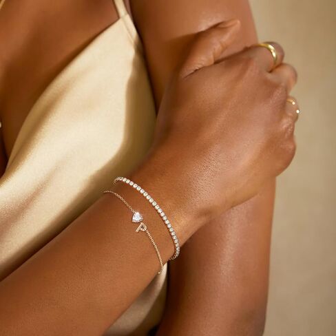 Gold Bracelets for Women Trendy Dainty 14K Gold Plated Layered Initial Tennis Bracelets for Women Non Tarnish A-Z Heart Letter Charm Gifts for Mom Best Friend in Saudi Arabia