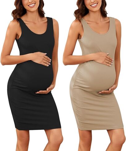 Ecavus Women's Maternity Ribbed Slim Fit Dress Sleeveless Tank Dresses Scoop Neck Pregnancy Bodycon Dress for Casual Wear in Saudi Arabia