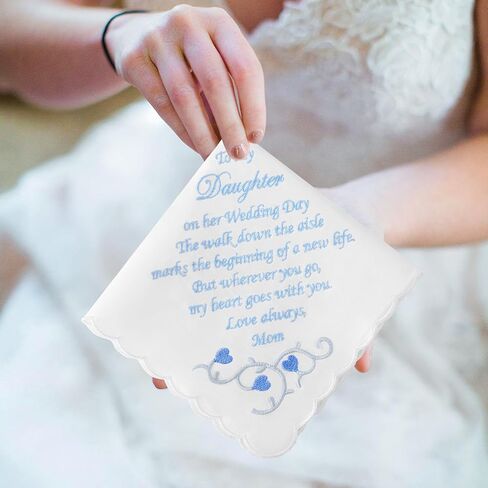 Wedding Gift Something Blue Handkerchief, White Cotton Embroidered Handkerchief for Happy Tears Wedding Day Bride Groom Gift in Kuwait