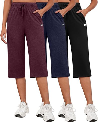Neer 3 Pack Women's Capri Pants, Cotton Wide Leg Basic Sweatpants Lounge Loose Fit Casual Drawstring Yoga Capris with Pockets(Black, Wine Red, Midnight Blue,X-Large) in Kuwait