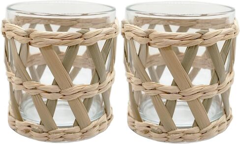 Rattan Woven Tea Light Candle Holder Set of 2 - Natural Seagrass Hand Woven Votive Tealight Candle Holder, Decorative Coastal Boho Beach House Votive Tealight Candle Holder for Dining Table Kitchen in Kuwait