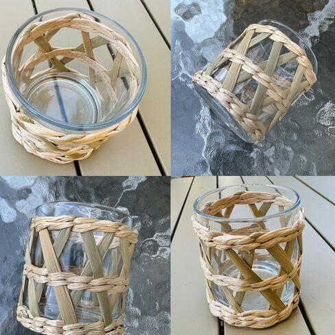 Rattan Woven Tea Light Candle Holder Set of 2 - Natural Seagrass Hand Woven Votive Tealight Candle Holder, Decorative Coastal Boho Beach House Votive Tealight Candle Holder for Dining Table Kitchen in Kuwait