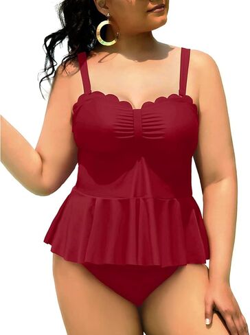 Yonique Women Plus Size 2 Piece Tankini Swimsuits Ruched Bathing Suits Peplum Swimwear Scalloped Swimsuits in Kuwait