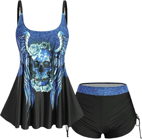Rosegal Womens Plus size Skull Rose Wing Print Boyshorts Swimsuit Set in Saudi Arabia