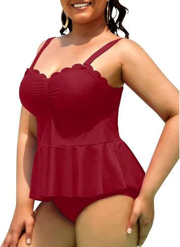 Yonique Women Plus Size 2 Piece Tankini Swimsuits Ruched Bathing Suits Peplum Swimwear Scalloped Swimsuits in Kuwait