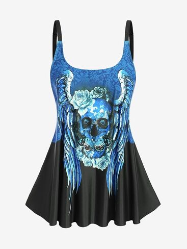 Rosegal Womens Plus size Skull Rose Wing Print Boyshorts Swimsuit Set in Saudi Arabia
