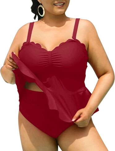 Yonique Women Plus Size 2 Piece Tankini Swimsuits Ruched Bathing Suits Peplum Swimwear Scalloped Swimsuits in Kuwait