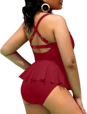 Yonique Women Plus Size 2 Piece Tankini Swimsuits Ruched Bathing Suits Peplum Swimwear Scalloped Swimsuits in Kuwait