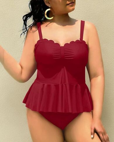 Yonique Women Plus Size 2 Piece Tankini Swimsuits Ruched Bathing Suits Peplum Swimwear Scalloped Swimsuits in Kuwait