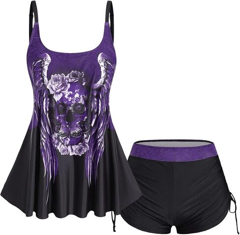 Rosegal Womens Plus size Skull Rose Wing Print Boyshorts Swimsuit Set in Saudi Arabia