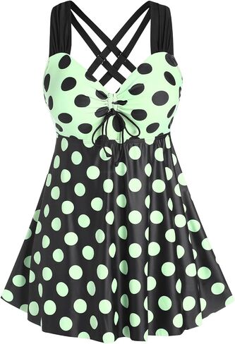 Rose Gal Womens Plus Size Curve Cinched Polka Dot Crisscross Swimsuit Set in Kuwait