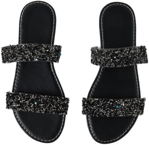 GORGLITTER Women's Sparkly Glitter Flats Sandal Sequin Two Band Open Toe Slip on Slides Wedding Sandals in Kuwait