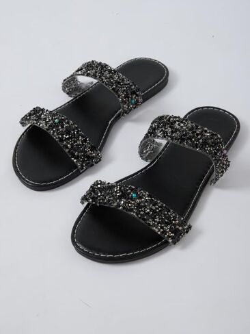GORGLITTER Women's Sparkly Glitter Flats Sandal Sequin Two Band Open Toe Slip on Slides Wedding Sandals in Kuwait