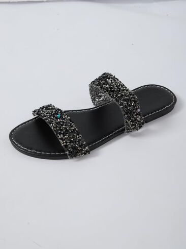 GORGLITTER Women's Sparkly Glitter Flats Sandal Sequin Two Band Open Toe Slip on Slides Wedding Sandals in Kuwait