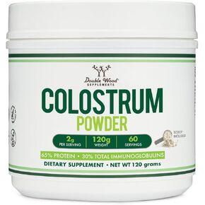 Double Wood Supplements Bovine Colostrum Powder for Women and Men, for Gut Health, Skin & Hair, Immune Support (120 Grams, 60 Day Supply - Standardized to 30% Total Immunoglobulins and 60% Protein)