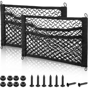 RED WOLF 3 Layer Small Cargo Net 17.7" x 9.8" Elastic Stretchable Bungee Nets Storage Mesh Pocket Organizer Mounting w/8 Screw and Built-in Hooks for SUV Truck Camper Accessories