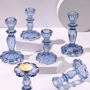 حاملي الشموع الأزرق مجموعة من 6 ، حاملي شموع تفتق ، 4.3 "H & 6.3" H Glass Candle Holder للشمعدانات وشموع العمود ، حامل الشموع للقطاعات المركزية على الطاولة وديكور الزفاف