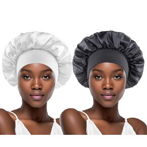 White 2 Pack Silk Bonnet for Sleeping Women Curly Hair Large Satin Bonnets Satin Sleep Cap Head Cover Wide Band Silk Night Hats