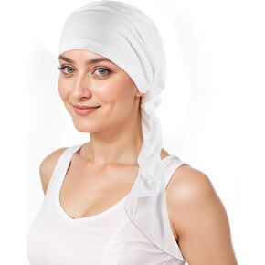 1Pcs Chemo Headwear for Women, Pre Tied Chemo Head Scarf for Women, Hair Loss - Cancer Slip On Headwear, Turbans for Women, Soft Cotton Elastic Head Scarf for Cancer Patients(White)